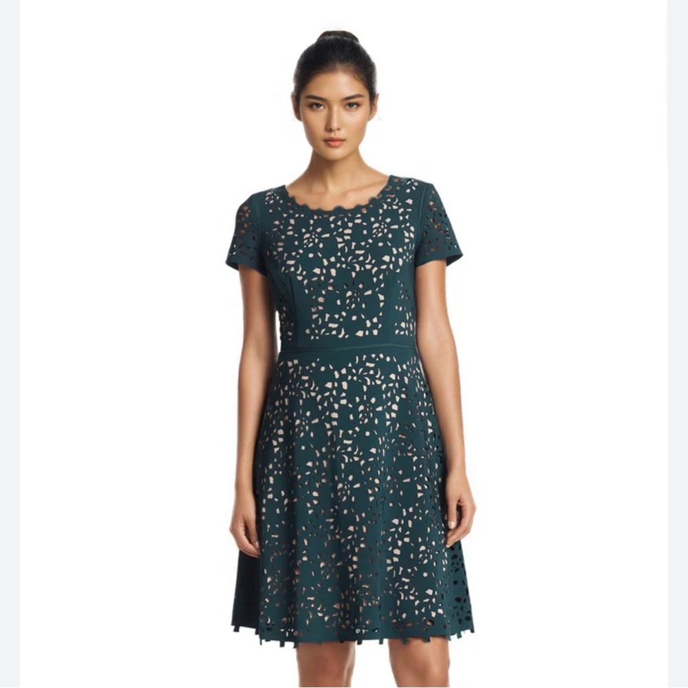 Focus by SHANI women’s 12 US Dark Teal Laser-Cut Fit & Flare Mini Dress